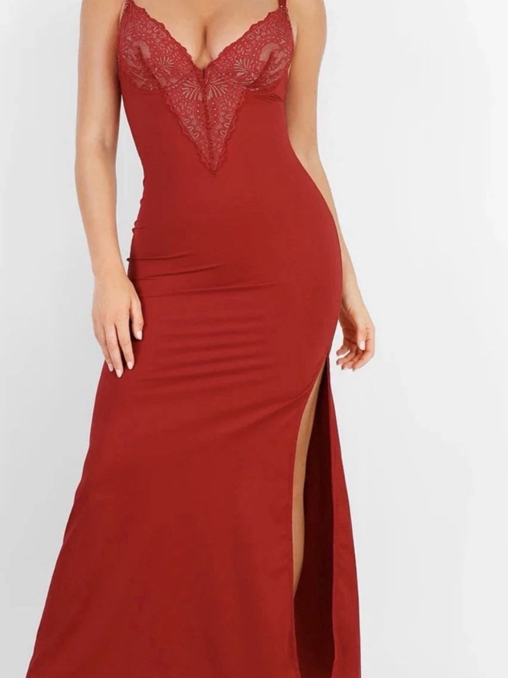 NWT Deep Red Lace-Trim Maxi Dress with Side Slit